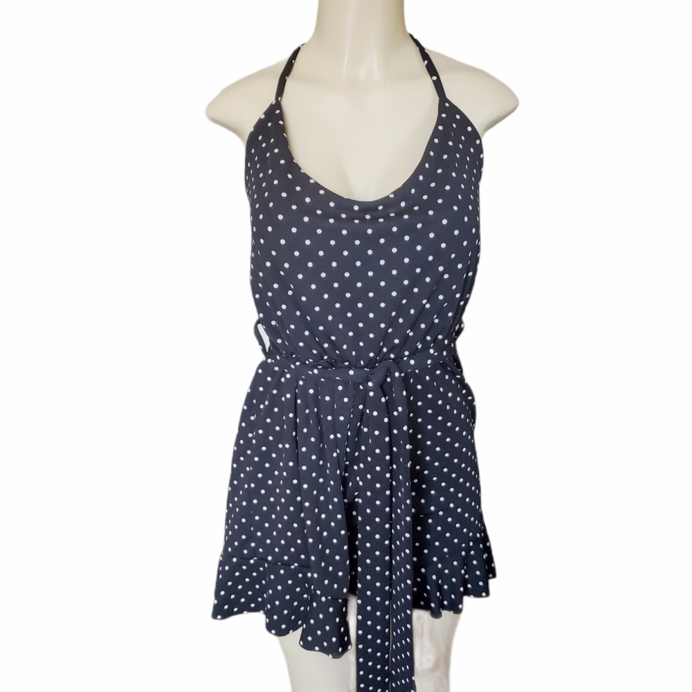 Plus Size Spaghetti Strap Romper Jumpsuit Black & White Polka Dot Size 1X